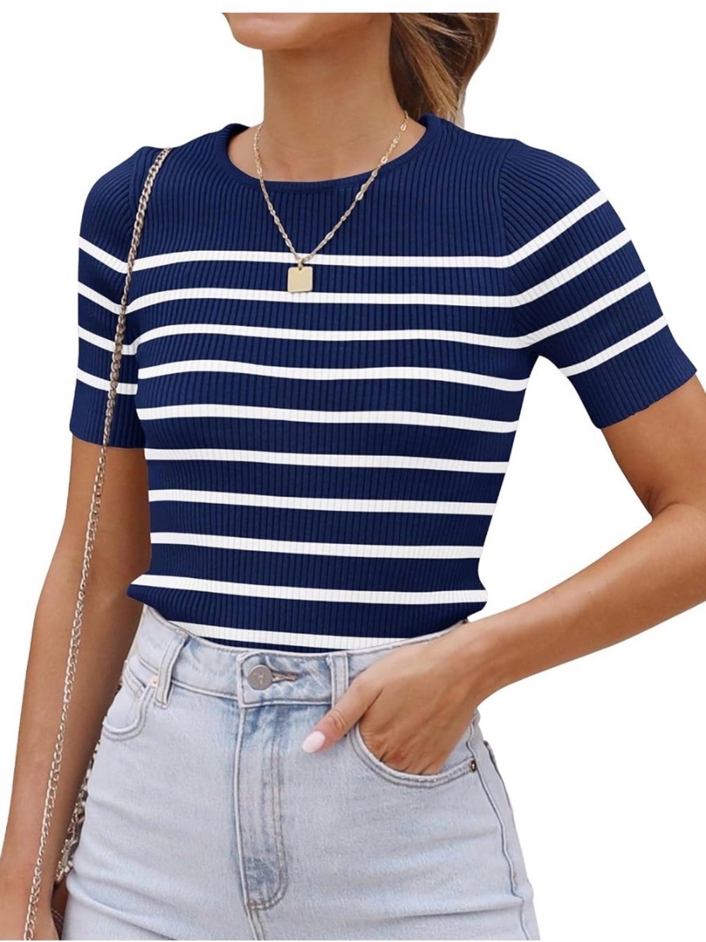Women's Navy & White Striped Ribbed Short Sleeve Knit Top